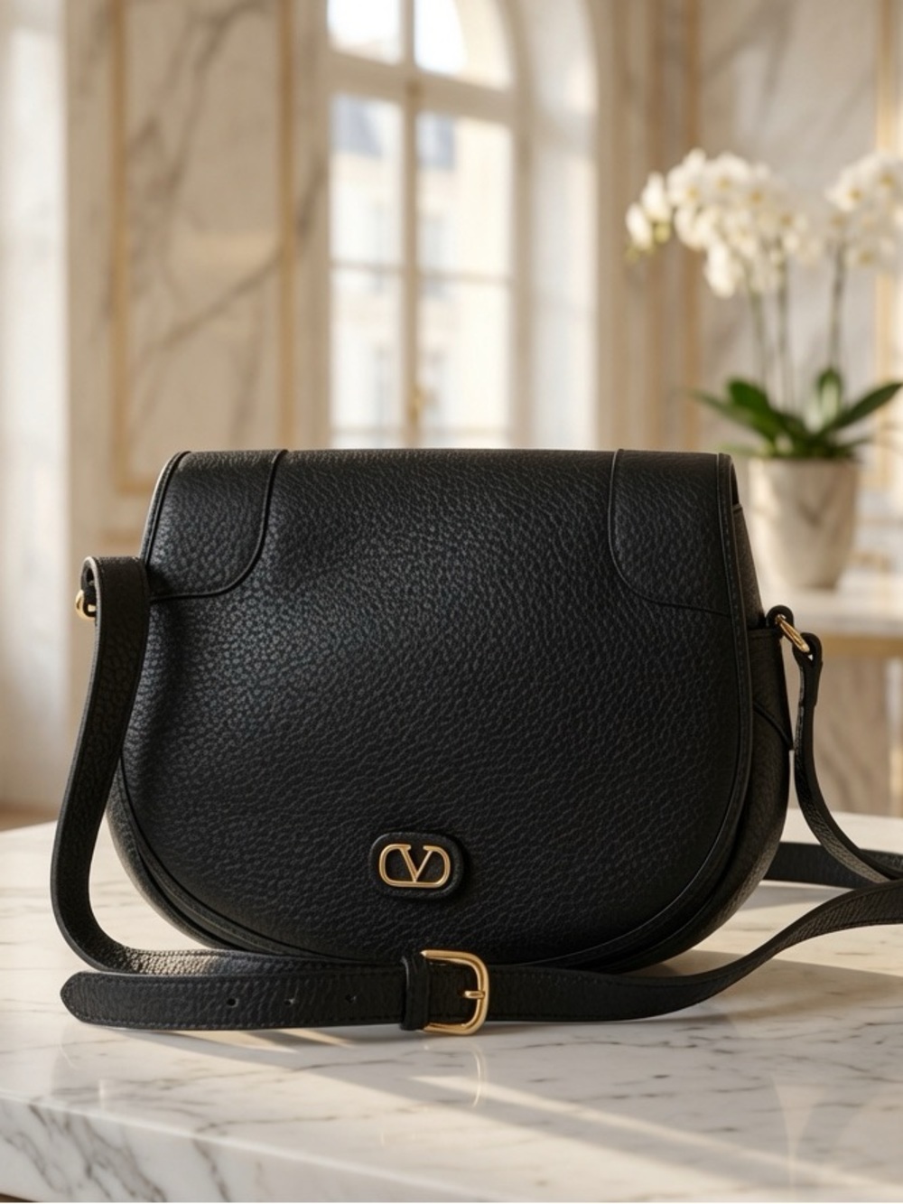 Valentino Garavani Black Pebbled Leather Crossbody Saddle Bag with Gold Hardware